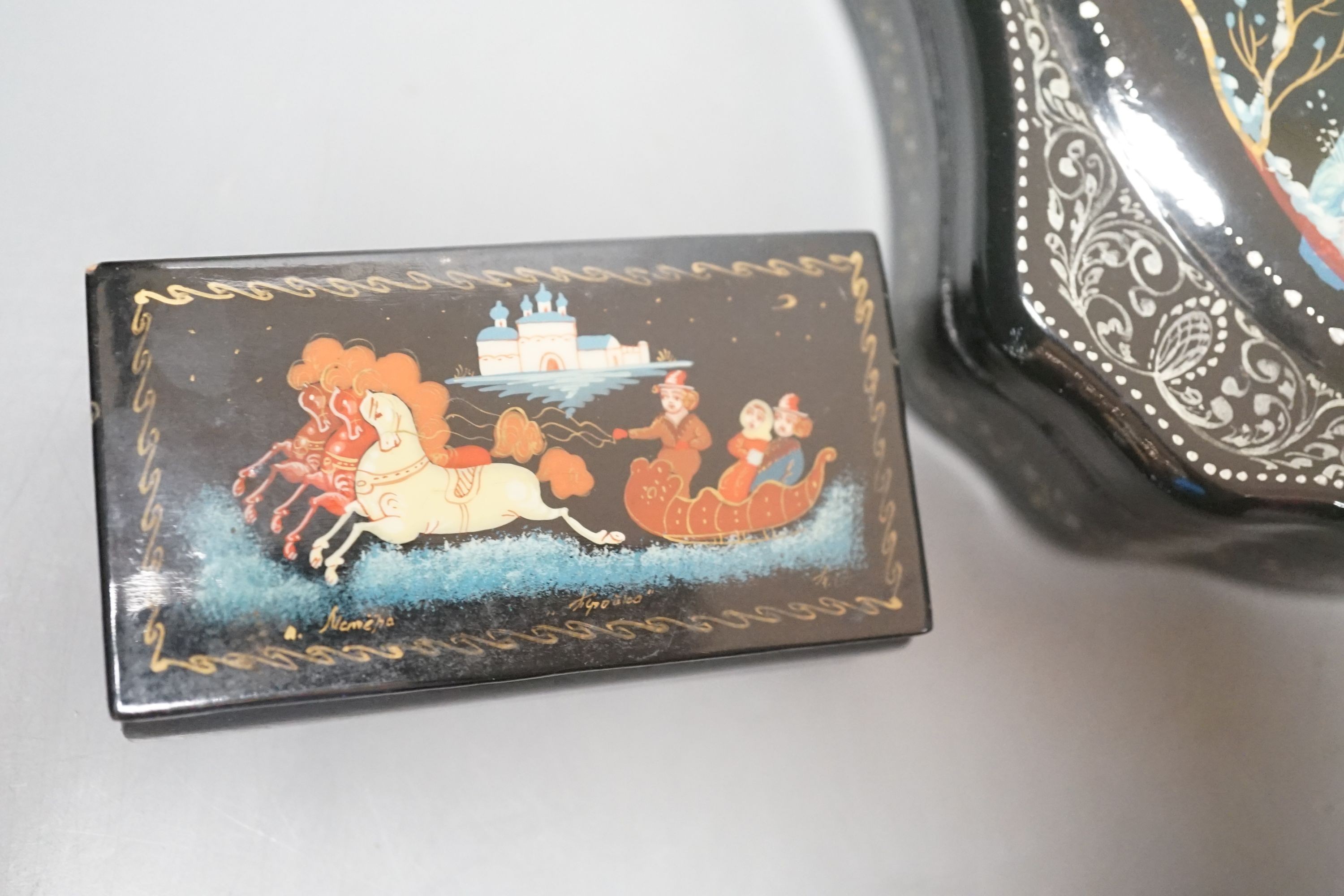 Eight Russian lacquer boxes, some painted and some with printed decoration